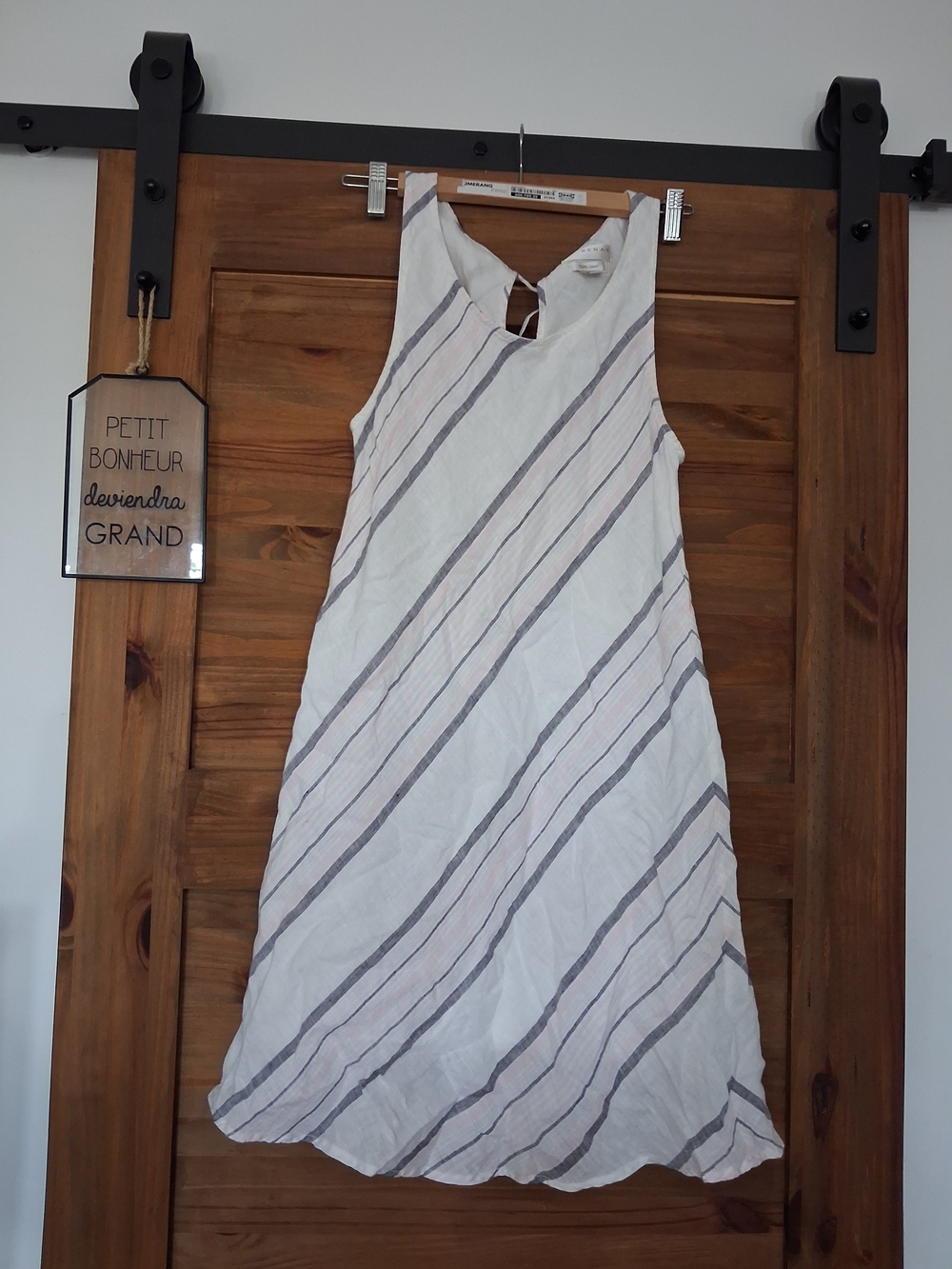Kenar Linen Midi Dress White with Gray and Light Pink Stripes